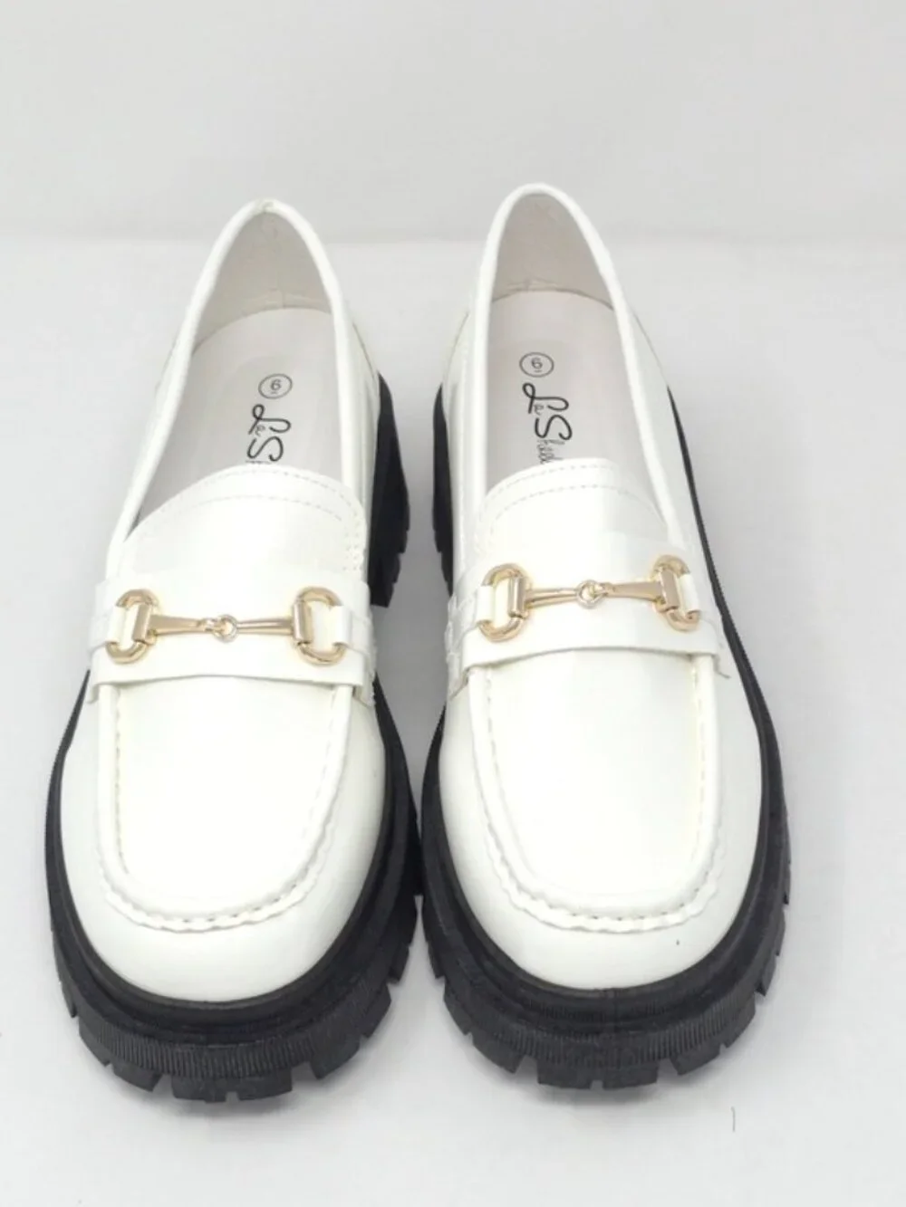 White Chunky Platform Loafers Gold Chain Lug Sole Slip On Trendy - Picture 10 of 10